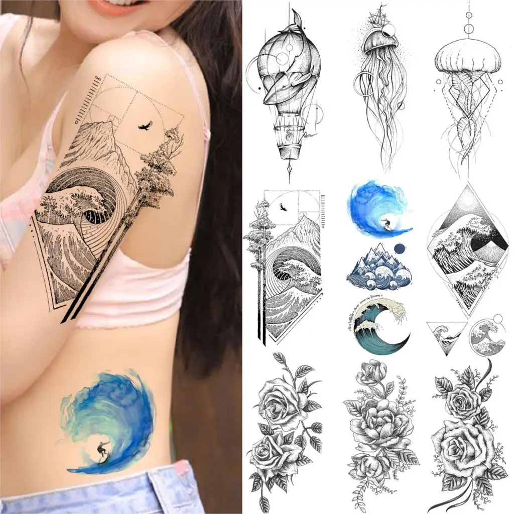 Sea Waves Surfing Temporary Tattoos For Women Men Waterproof Fake Tatoo Body Art Arm Jellyfish Whale Peony Flower Tattoo Sticker