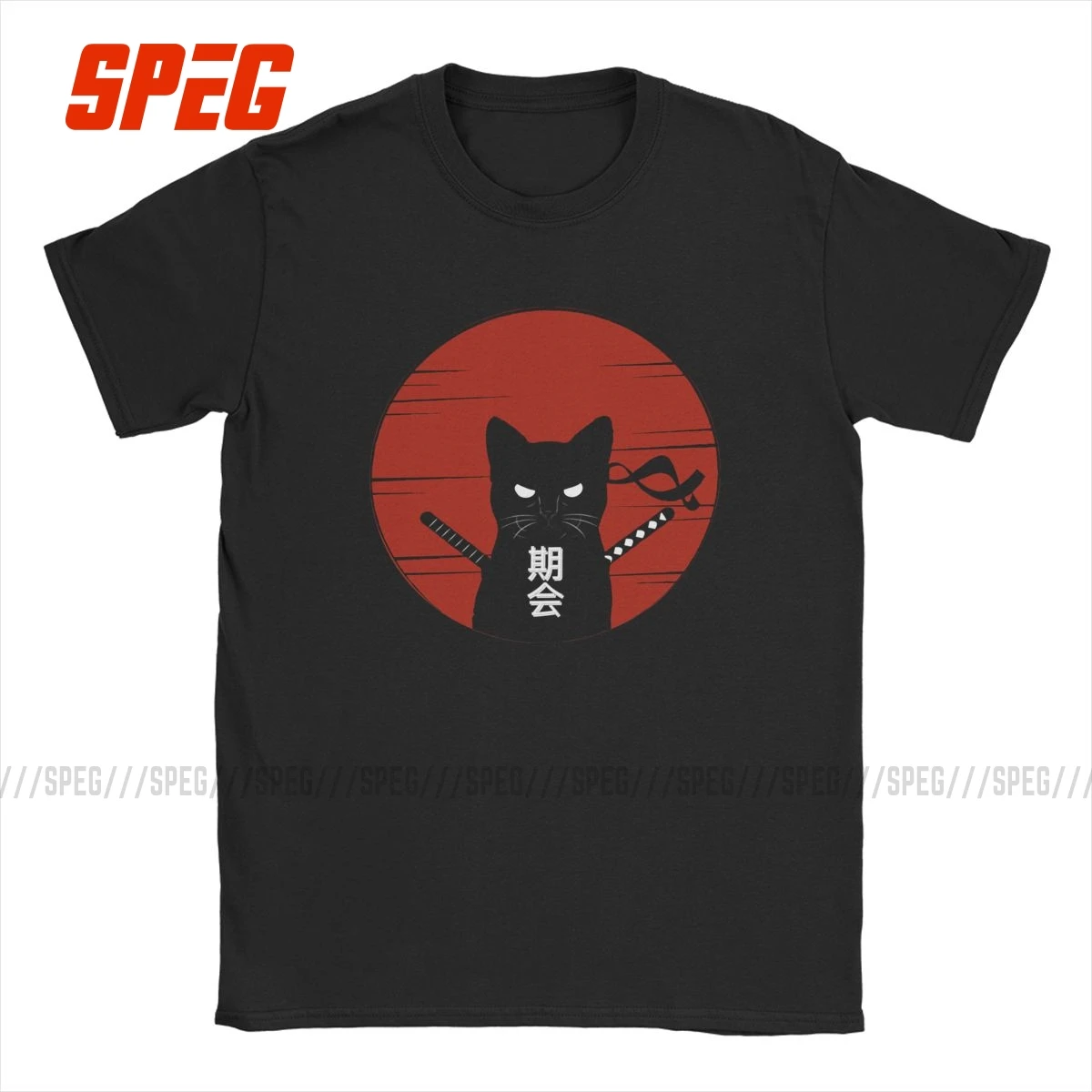 Samurai Cat retro T Shirts for men Ninja Japanese  text Style Leisure Tee  sunset  black cat  100% Cotton 4XL 5XL Gift Idea Tops