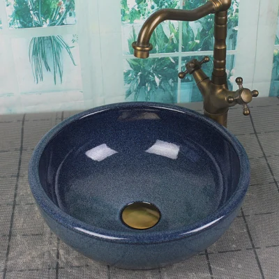 

Bathroom Round Ceramic Vessel Sink Vanity Artistic Basin with Pop up Drain Combo AB257