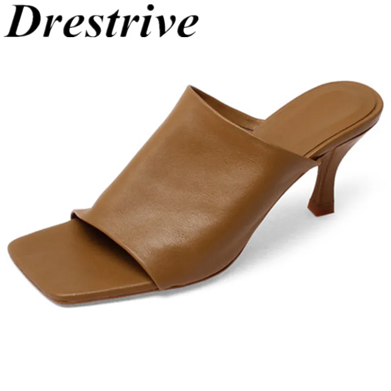 Drestrive Women\'s Sandals Full Genuine Leather Thin Heels Square Toe Sheepskin 2023 Summer Sexy Female Slippers Black High