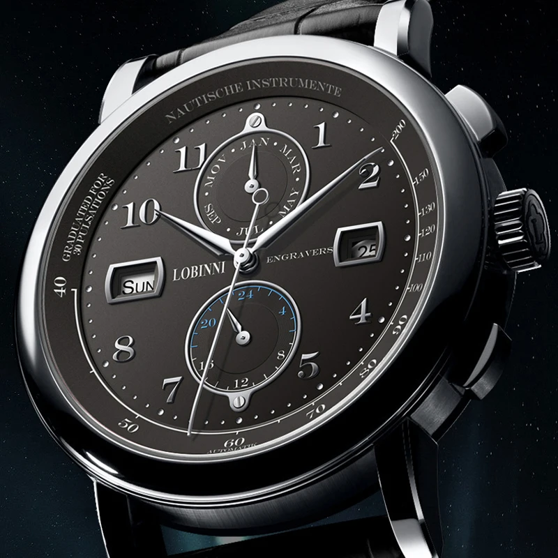 LOBINNI العلامة التجارية الجديدة الفاخرة التلقائي ساعة ميكانيكية الرجال حزام من الجلد الطبيعي متعددة الوظائف ساعات المعصم الذكور