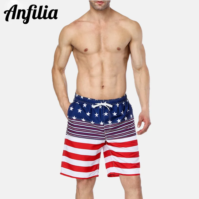 

Anfilia Men's Swim shorts American Flag Beach Shorts Swimwear Briefs Man Swimsuits Trunks Sea Short Bottoms American Flag Shorts