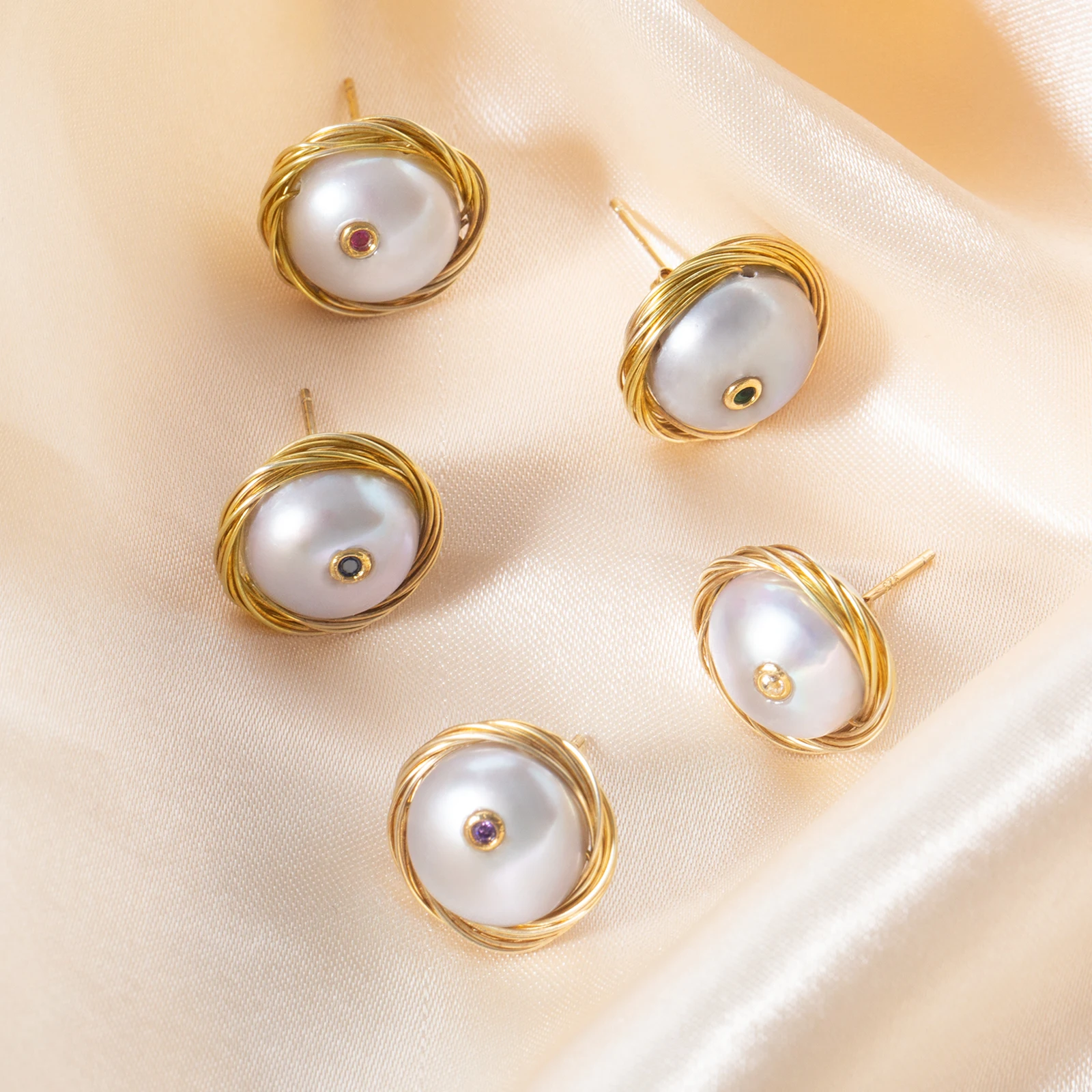 Fashion Handmade Stud Earrings 925 Sterling Silver Wire Freshwater Pearl With CZ 14K Gold Plated Stud Earrings Best Party Gifts