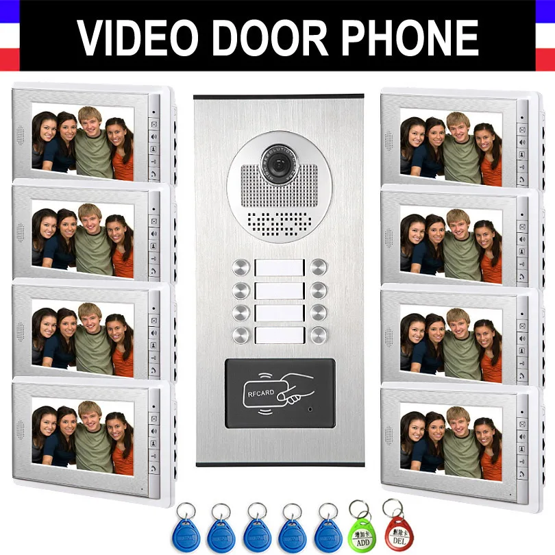 

6-12 Units Apartment Intercom System Video Intercom Video Door Phone Kit 7" Monitor with 5-RFID keyfobs for 6/8/10/12 Household