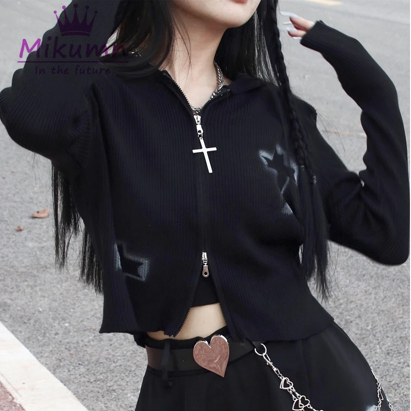 Gothic Dark Black Knitted Cardigan Rock Punk Cross Print Autumn Long Sleeve Zipper Slim Knitted Sweater Female Streetwear