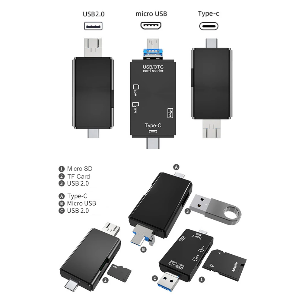 Multi in 1 Card Reader USB Type-c High Speed U Disk/Micro-SD/TF Card Reader Adapter for Phone All in 1