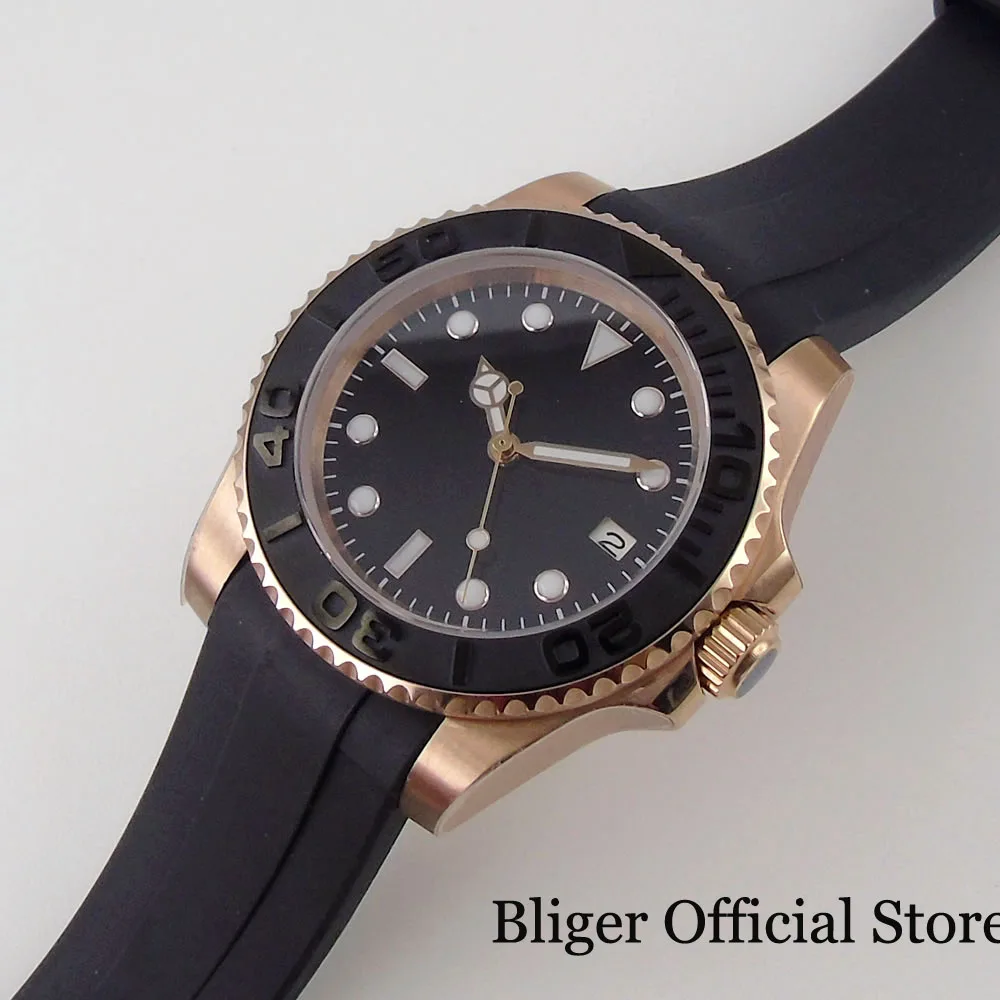 BLIGER 40mm Rose Gold Automatic Mens Watch 24 Jewels NH35A PT5000 Sapphire Glass Curved End Rubber Strap Luminous Black Dial