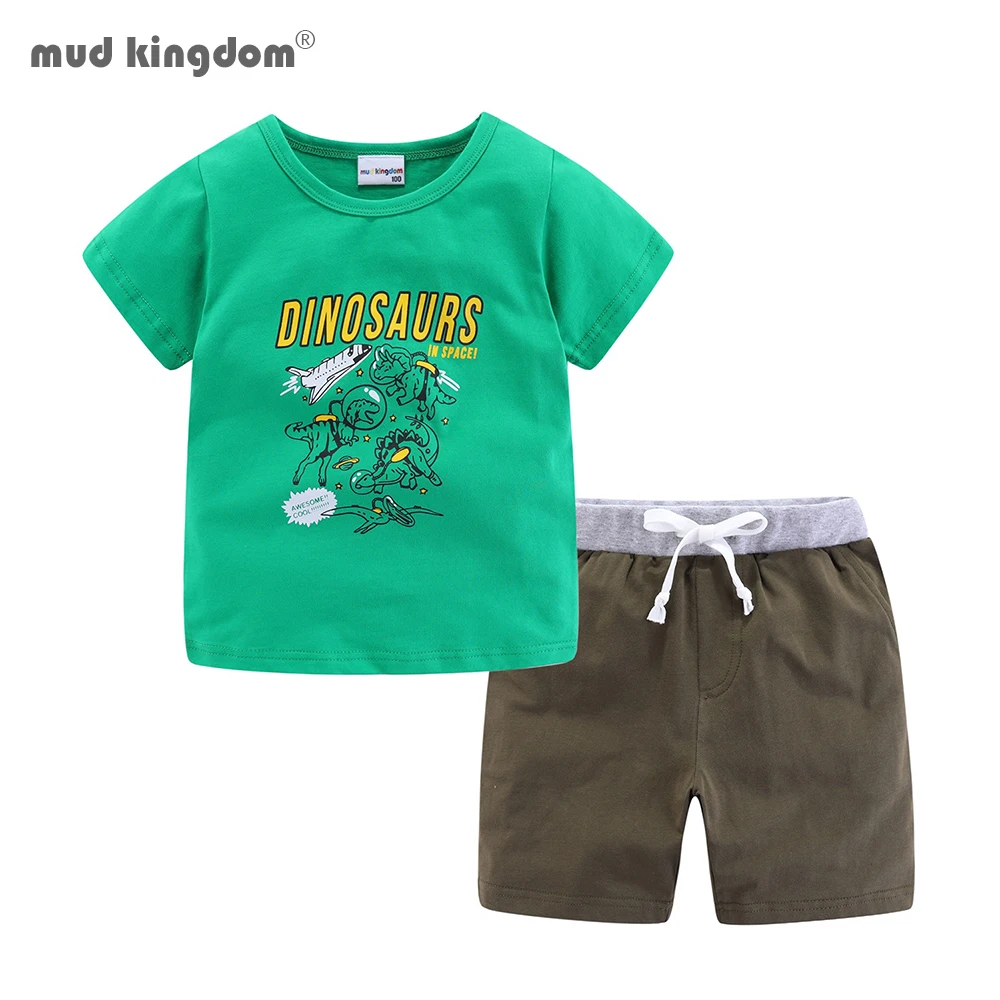 Mudkingdom Summer Boys Dinosaur Outfits Children Cartoon Clothes Kids Short Sleeve T-Shirt and Drawstring Shorts Clothing Suit