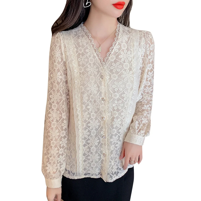 Chiffon Shirt Women Autumn Clothes Long Sleeved Lace Tops Mujer French Style Elegant V-Neck Lantern Sleeve Solid  2271