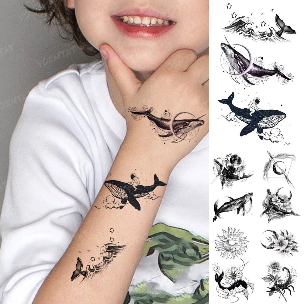 

Waterproof Temporary Tattoo Sticker Whale Ocean Fish Small Mini Black Tatto Arm Hand Fake Tatoo Man Woman Child Glitter Tattoos