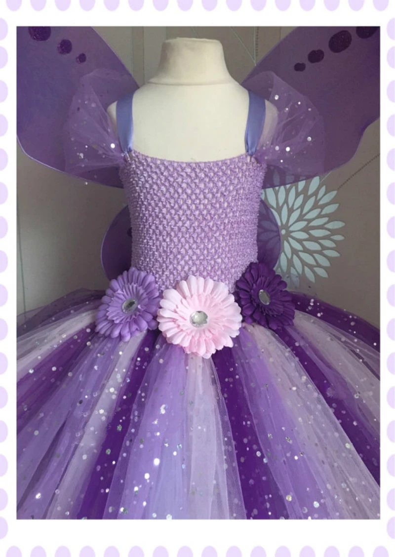 Girls Lavender Butterfly Fairy Tutu Dress Kids Glitter Flower Dress Ball Gown with Wing Set Children Party Costume Vintage Dress