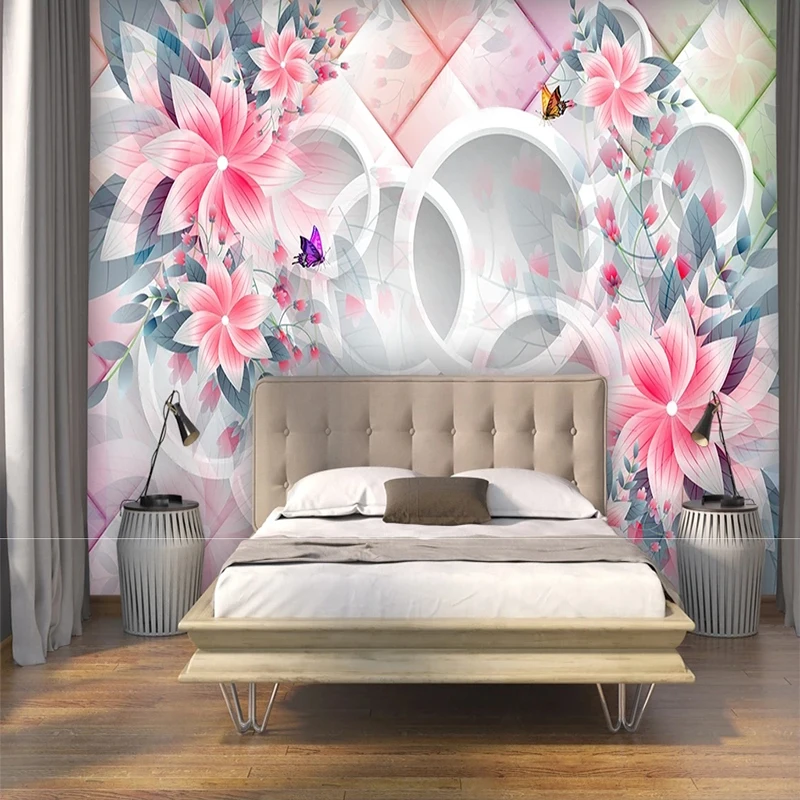 Custom Any Wallpaper Size Self-Adhesive Romantic Pink Flowers Soft Package Circle TV Background Wall Papel De Parede 3D Paisagem