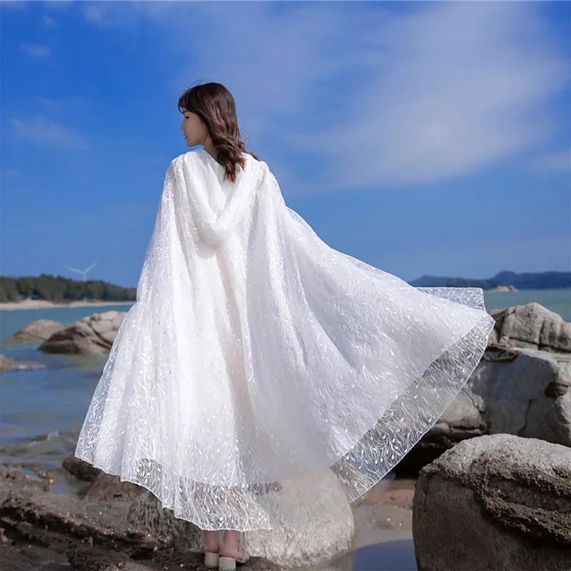 Embroidered Cloak For Women Pretty White Shawl Hooded Sun Protection Clothing Loose Lace Long Cardigan Cape Outer Wear y1391