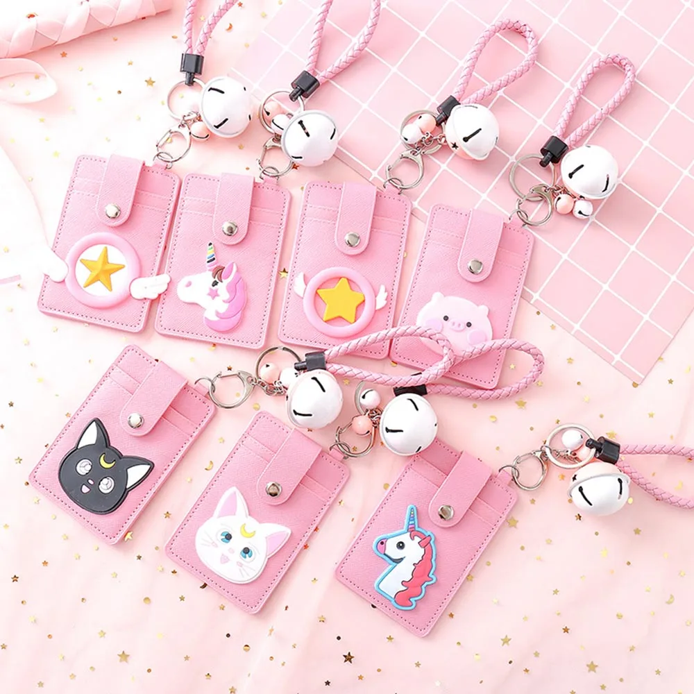 1 Pcs Creative Credit Card Set Pink Girl ID Card 3 Card Slots Student Card Bus Card Lanyard Card Set with Key Chain