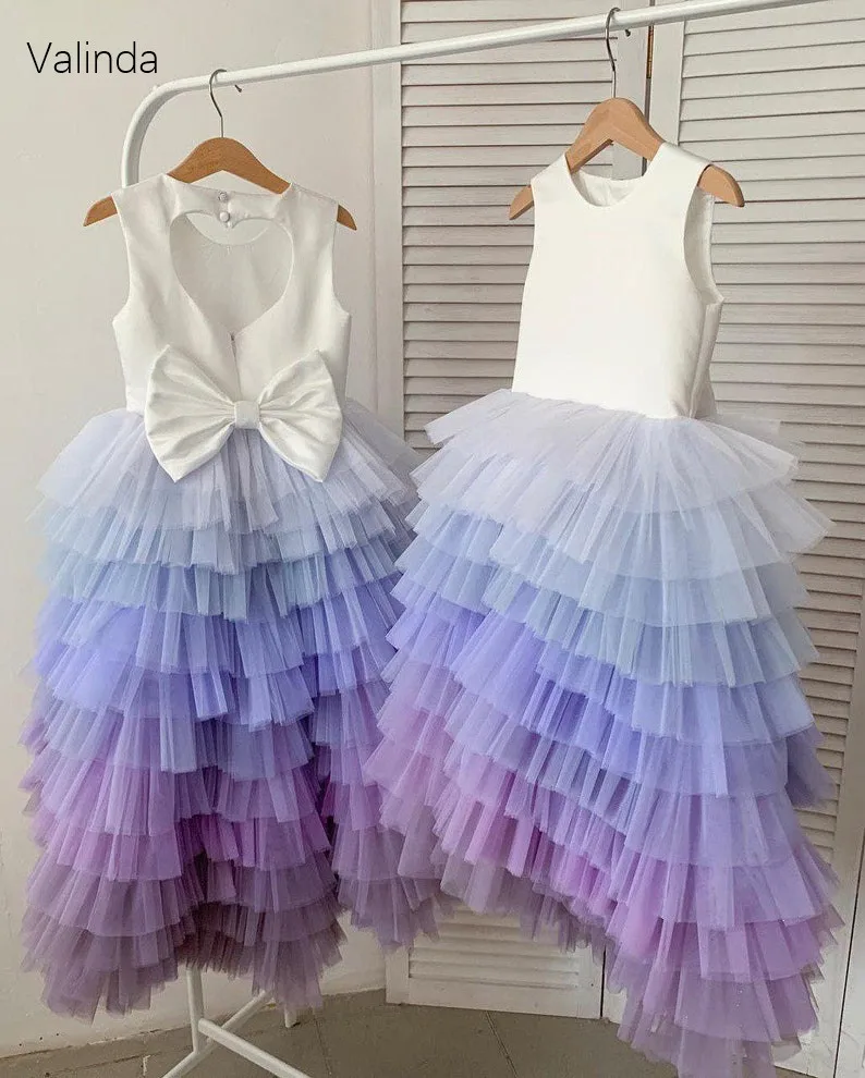 Heart Back Girl Dress for Birthday Party Ombre Tiered Tulle Skirt Formal Occasion Pageant Gowns Kids Costume