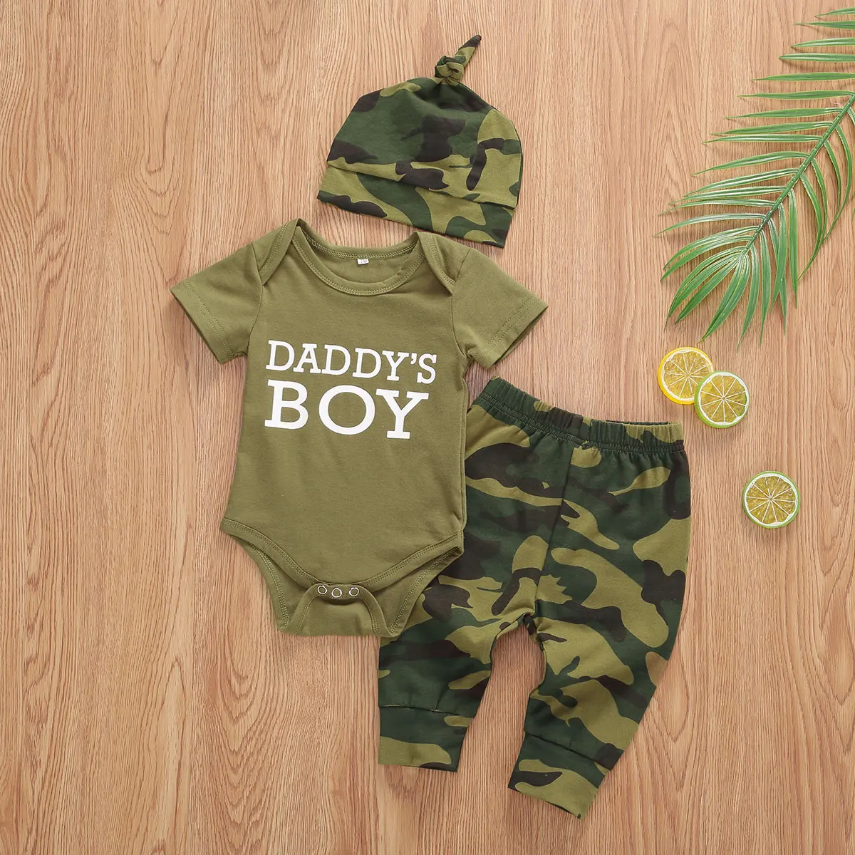 2022 Toddler Newborn Baby Girls Boys Clothes Set Camouflage Short Sleeve Letter Printed Bodysuit Tops Pants Baby Clothes Summer