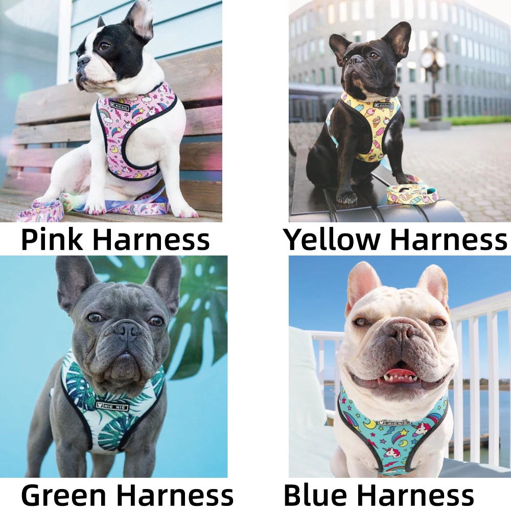 French Bulldog Harness Printed English Bulldog Frenchie Reversible Harness Puppy Small Dogs Vest for Pug Walking Training