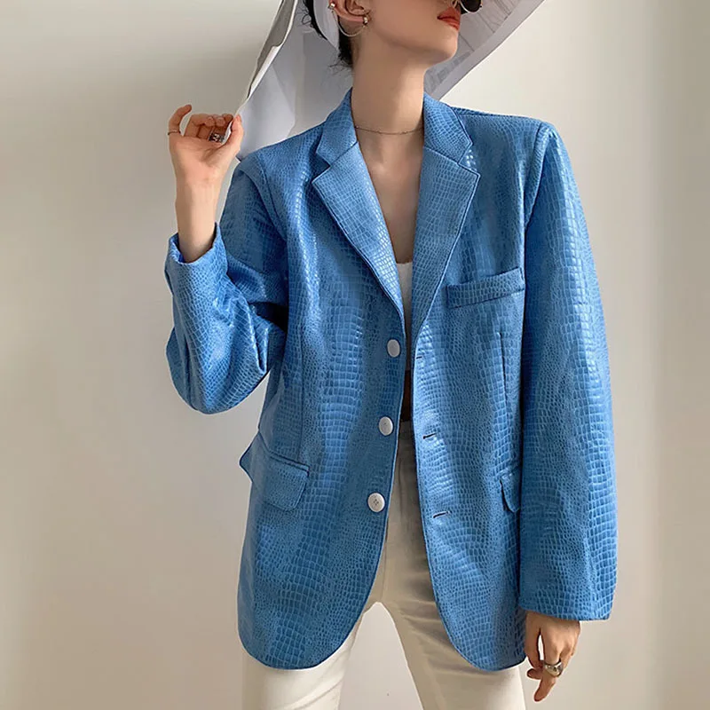 Blazer en Faux cuir bleu pour femme, veste de costume coréenne à simple boutonnage et manches longues, ample, de haute qualité, à la mode, printemps automne