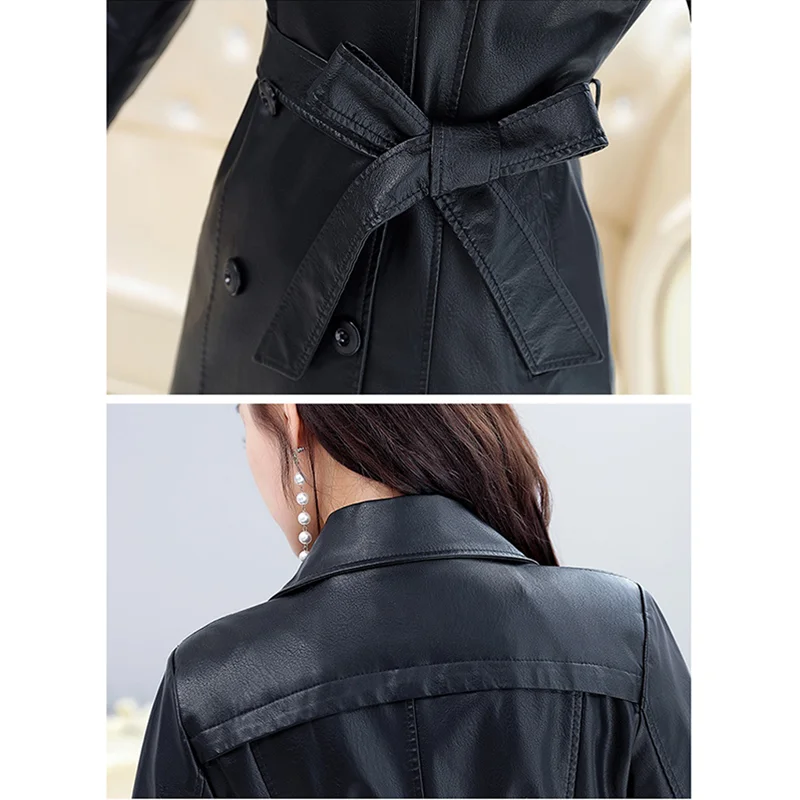 Abrigo de cuero genuino de longitud media para mujer, chaqueta cortavientos de cuero elegante, ropa de calle ajustada, prendas de vestir, otoño e invierno, 2022