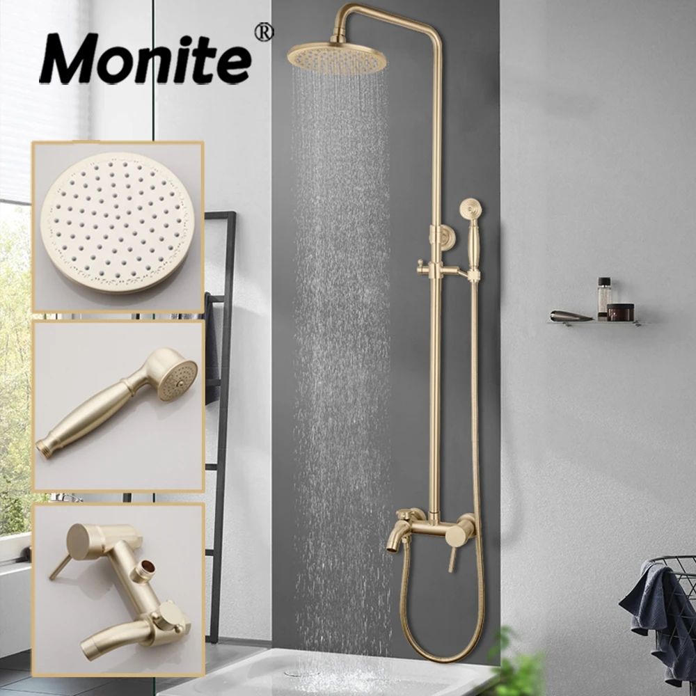 Monite 8 Inch Bathroom Shower Faucet Brushed Golden Round Rainfall Wall Mounted Bathtub Shower Head Handheld Faucet Shower Set