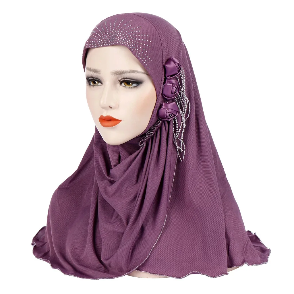 

Women One Piece Muslim Hijab With Rhinestones Satin Flower Applique Head Wrap,Soft Ice silk Scarf,Floral Tassels With Pearls