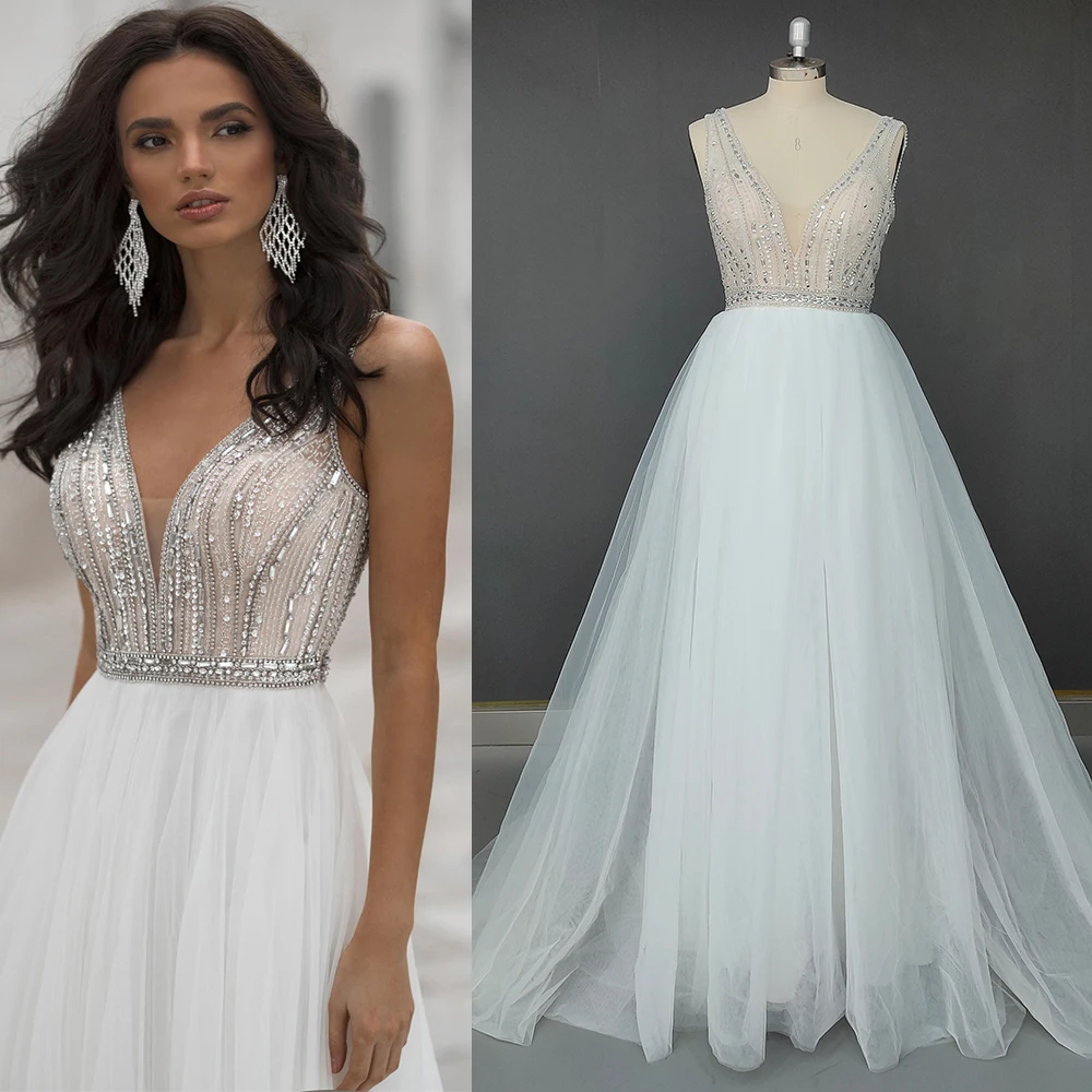 V Neck Luxury Beaded Wedding Dress A Line Soft Tulle Sleeveless Sequins Customized 2021 Plus Size Bling Open Back Bridal Gowns