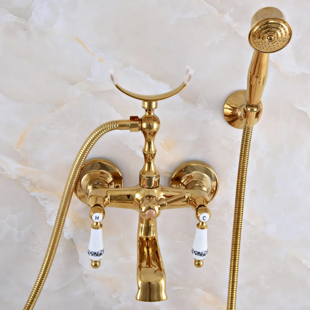 Luxury Gold Color Brass Wall Mounted Bathroom Bath Tub Faucet Set with 1500MM Hand Held Shower Spray Mixer Tap 2na905