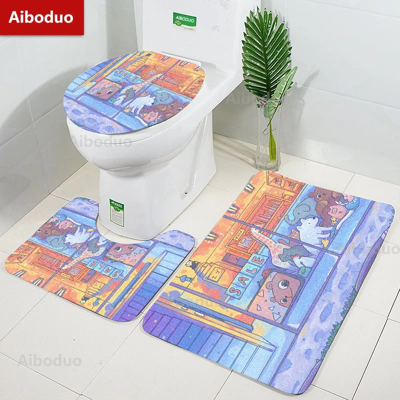 

Aiboduo Cartoon Animal Non Slip 3pcs/set Toilet Lid Cover Set Kawaii Restroom Rug BathMat Warm Home Decoration 40*60cm Carpet