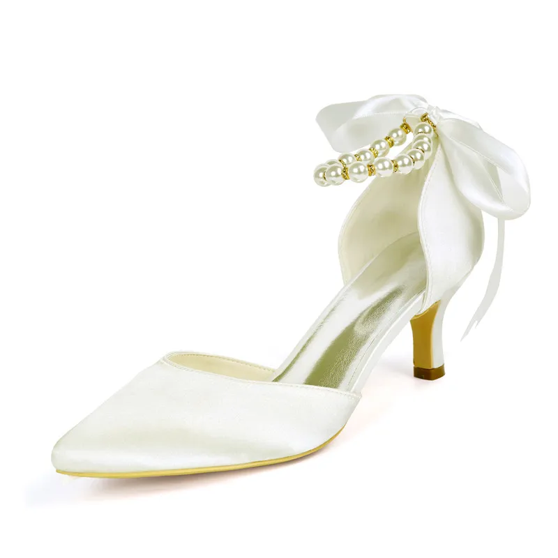 Kitten Heels Wedding Shoes for Bride Satin Pearls Pointed Toe Mid Heels Bridal Pumps Prom Evening Formal Party Dress Shoes
