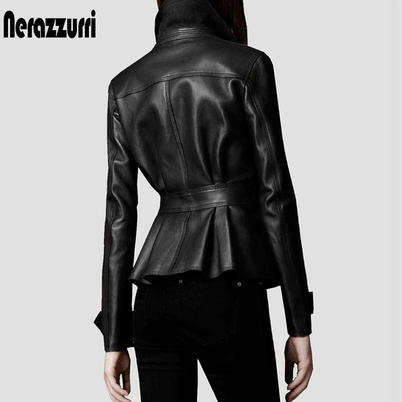 Nerazzurri Autumn Black Leather Trench Coat for Women with Many Pockets Long Sleeve Single Breasted British Fashion Slim Fit