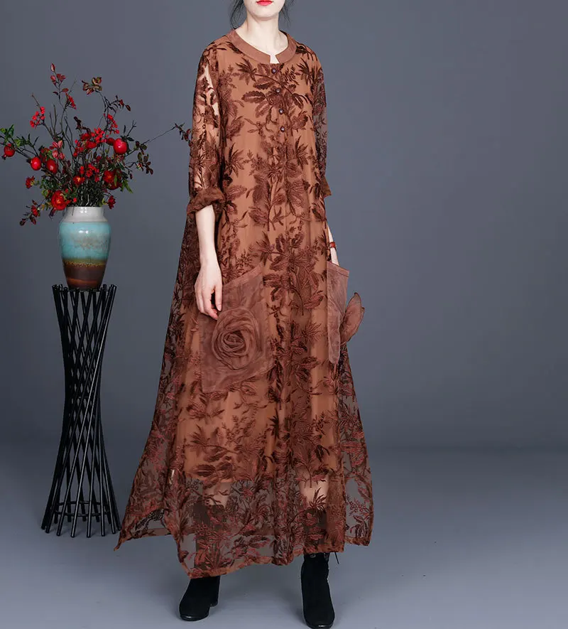 2021 Spring New Product Net Yarn Embroidery Dress A version Pocket Stitching Flower Slim Dress Embroidered, Irregular, Stitching