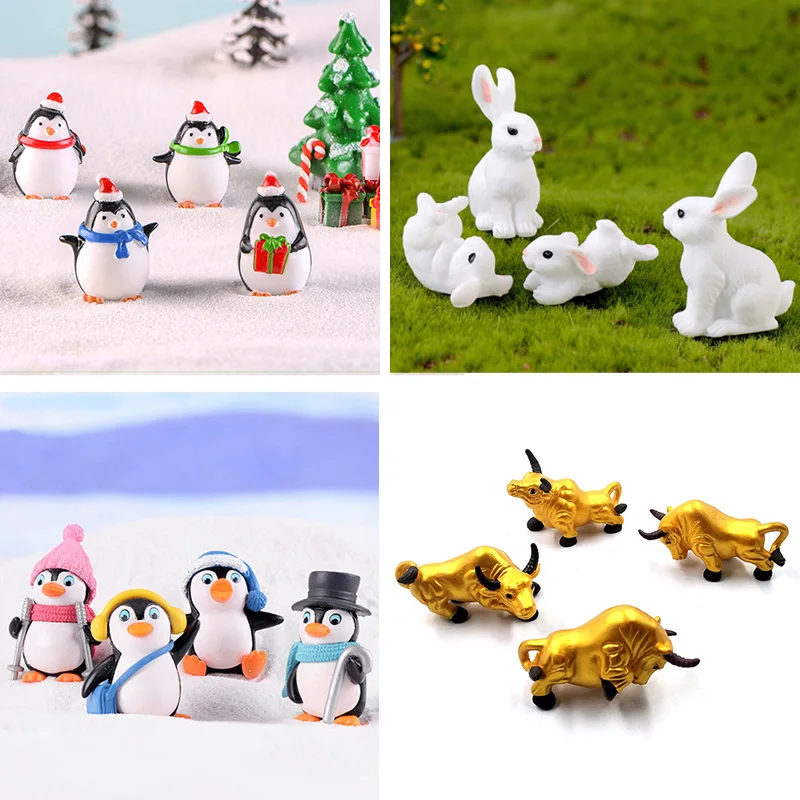 4pc Christmas Penguin Rabbit Squirrel Cat Dog Cow Pig Animal Model Action Figure Cake Decoration Hot Toy Set Children Doll House