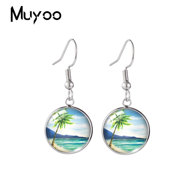 2020 New Coastal Tropical Beach Earring Oil Painting Fish Hook Earrings Handmade Round Glass Dome Jewelry Gifts Men Women