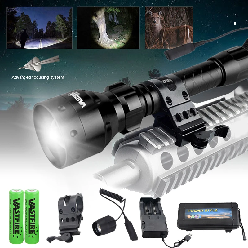 

6000Lumens 800Yards 55mm Lens Zoomable Focus LED Hunting Flashlight White Light Torch Lanterna Rifle Scope Mount For 18650