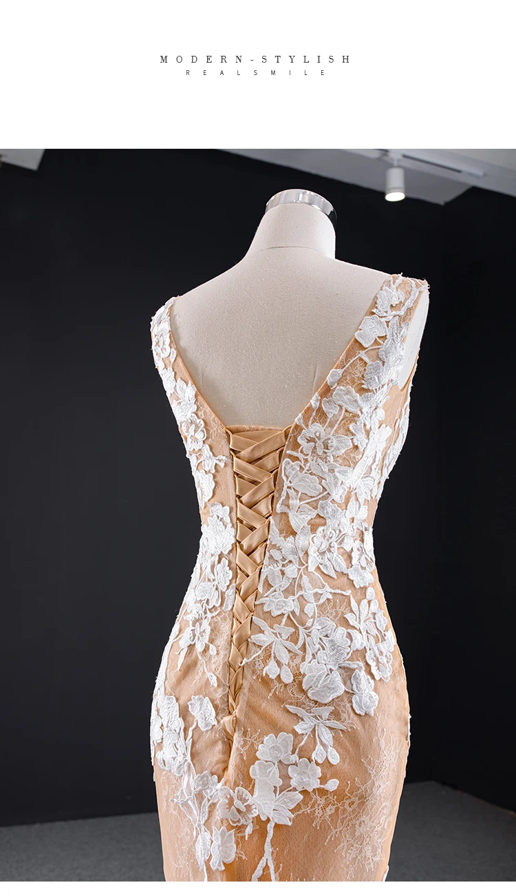 Robe de mariée sans manches, couleur ivoire, dentelle, dos lacé, sirène, traine, couleur Champagne, 2021