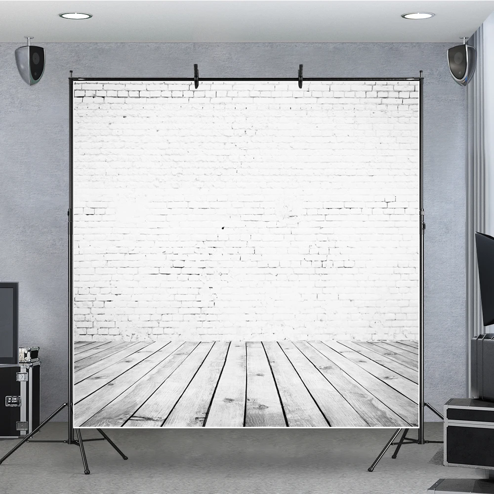 Laeacco-fondo fotográfico de vinilo con pared de ladrillo blanco para recién nacido, telón de fondo con diseño de suelo de madera para sesión fotográfica, retrato de bebé, estudio fotográfico