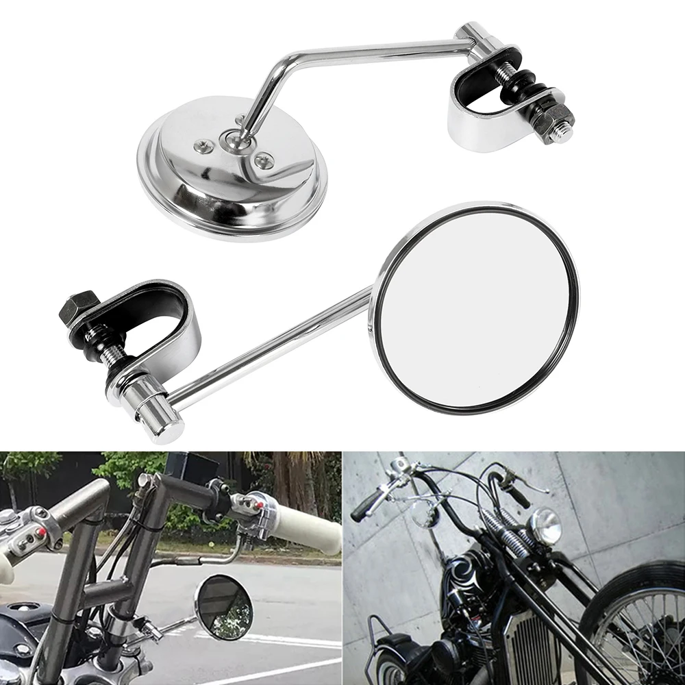 Universal 8mm Motorcycle Retro Vintage Round Rearview View Stainless Mirror Classic 22mm-25mm 7/8