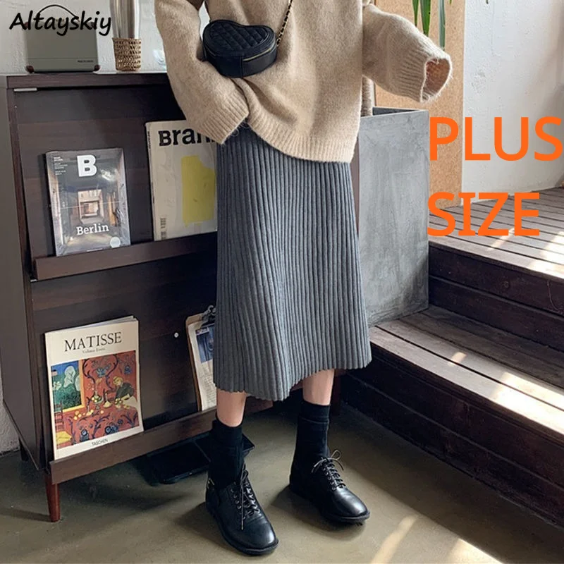 

Solid Skirts Women Knitting Straight Midi Korean Style Elegant Hot Sale Chic Mujer Faldas Popular Spring Autumn Warm Female Ins