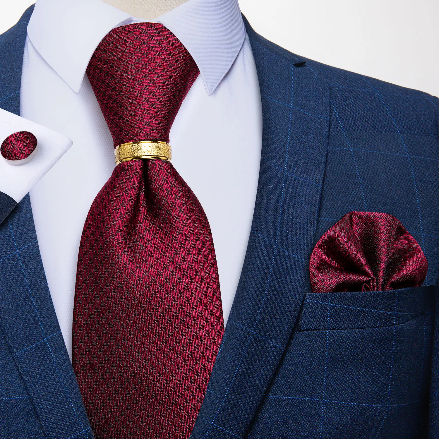 

100% Silk Tie 8cm Wide Red Solid Men's Ties Fashion Formal Business Wedding Necktie Pocket Square Cufflinks Tie Ring Set DiBanGu