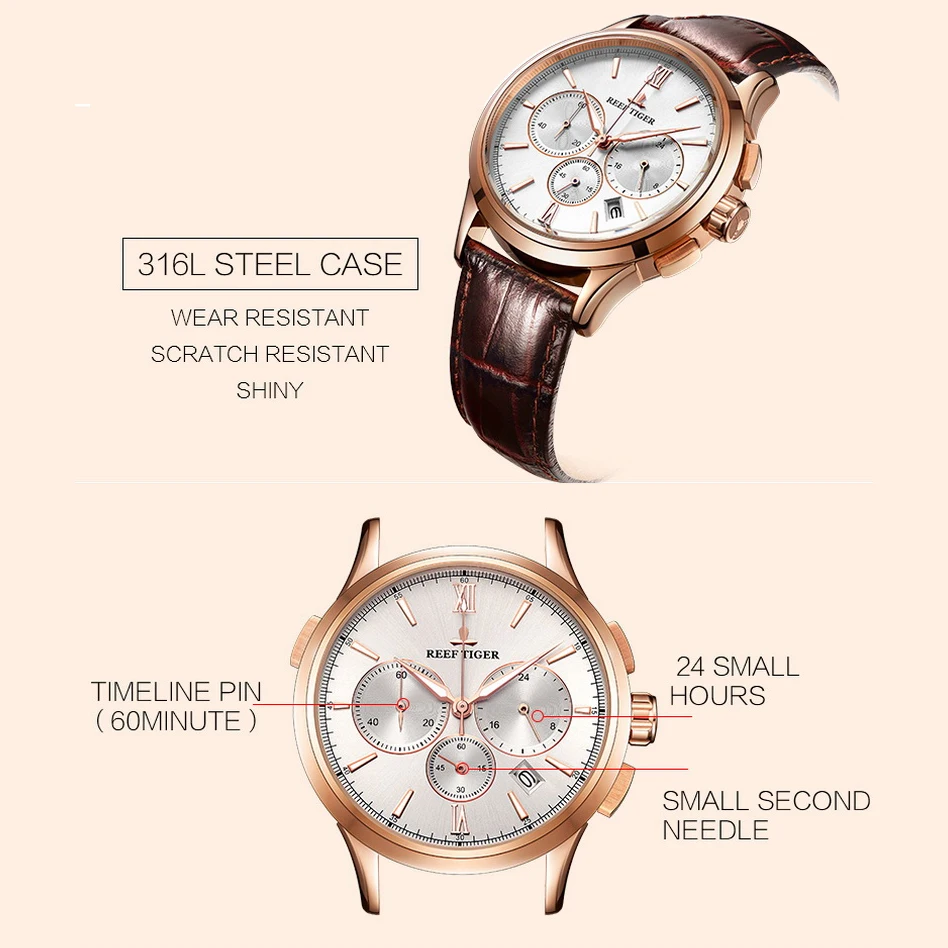 Reef Tiger Orologio cronografo da uomo 43MM Orologio da polso al quarzo 50M Specchio zaffiro impermeabile luminoso