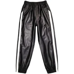 Real leather pants striped stitching elastic waist Genuine sheep Leather pants female was thin leather pants with pockets wy282