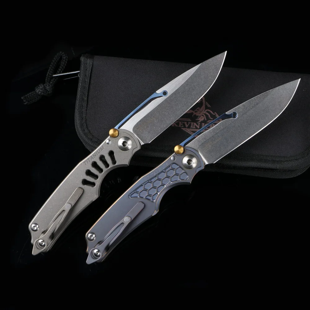 KEVIN JOHN Chris TiLock Elemental Folding Knife M390 blade Stonewash Titanium handle Outdoor camping hunting knives EDC tool