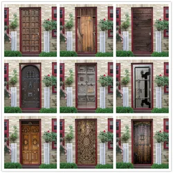 3D Retro Wood Door Sticker Home Decor Wallpaper Peel & Stick DIY PVC Wall Decal deursticker Sliding Glass Door Decoration Poster