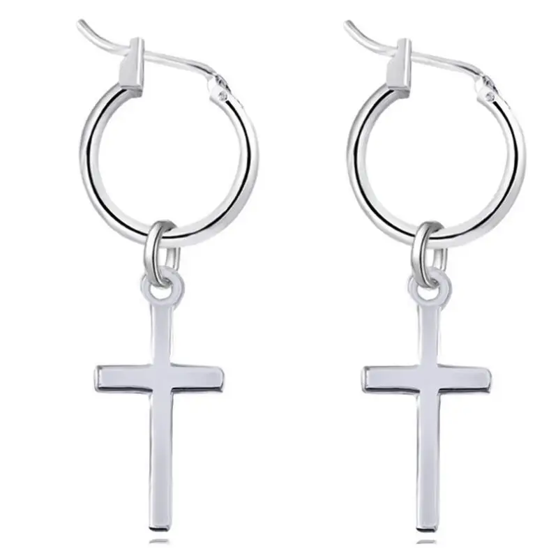 Womne Men's Stainless Steel Star Feather Hoop Earrings with Pendant Charming Cross Triangle Circle Hoops Punk Gothic Jewelry