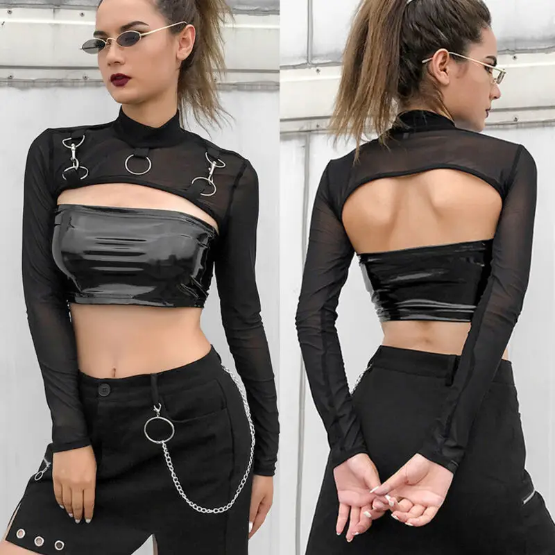 Summer Sexy Mesh See Through T-Shirts Black O-Neck Long Sleeve  Turtleneck Sheer Transparent Short Crop Tops Sexy Club Party Top