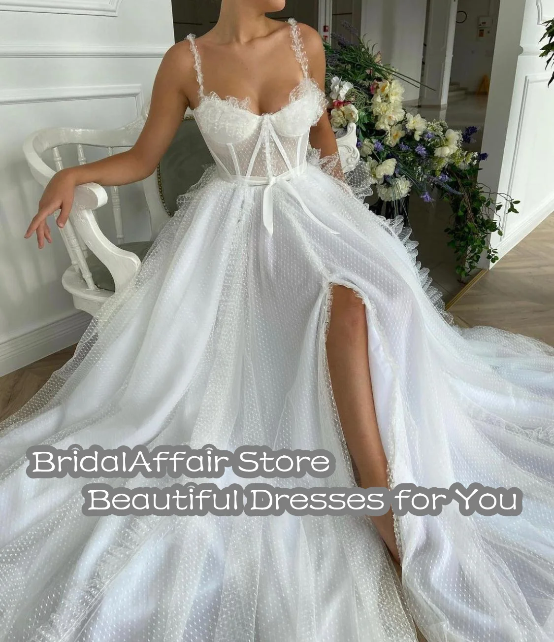 BridalAffair-Vestidos de Fiesta largos con lunares blancos, traje de noche con tirantes finos, Espalda descubierta, 2021