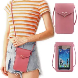 Moda tela de toque bolsa do telefone celular transparente simples saco novo ferrolho coração carteiras smartphone couro ombro luz bolsas