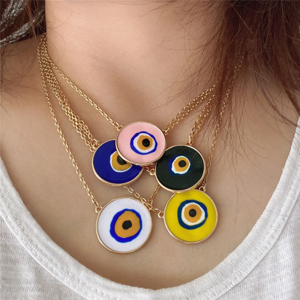 Trendy Gold Color Plating Turkish Egg on Plate Round Pendant Blue Yellow White Pink Olive Background Necklace For Women Chic