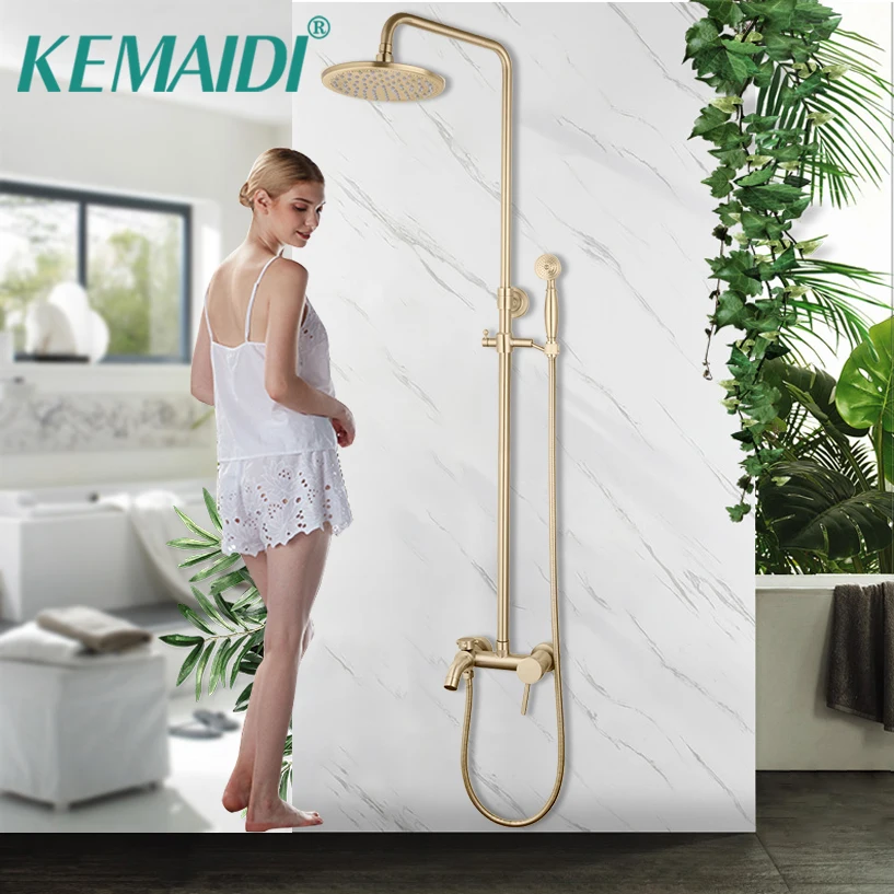 

KEMAIDI Brushed Gold Bathroom Shower Faucet Set Round Rainfall Shower Head Wall Mounted Bathtub Mixer Tap Shower Systerm