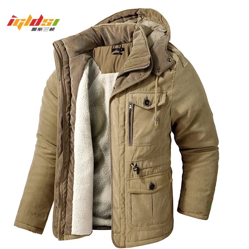 

Men Winter Hooded Thick Fleece Cashere Cotton Parkas Cargo Jacket Hat Detachable Outwear Coat Male Outdoor Military Loose Parka